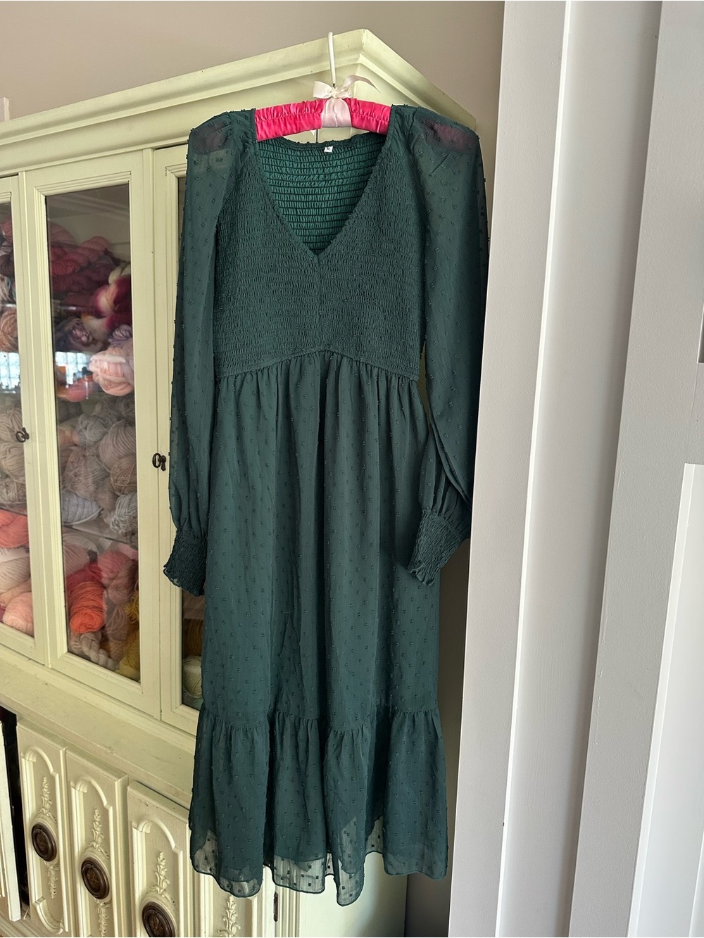 Smocked Waist V-Neck Long Sleeve Midi Dress in Dark Green